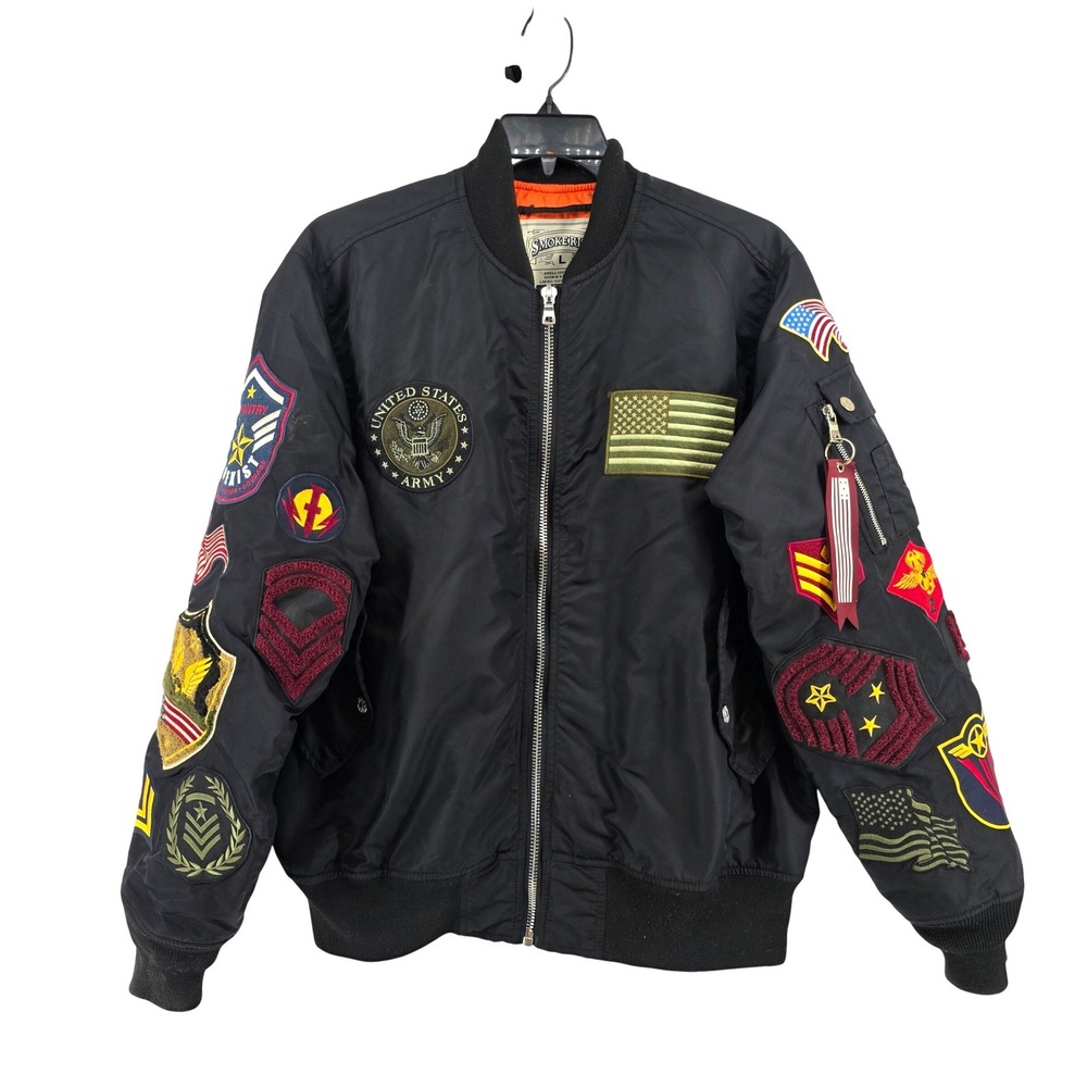 Smoke Rise Mens Black Pilot MA-1 Bomber Flight Jacket Patch Work Size Large